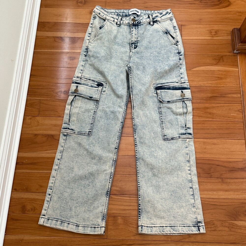 Women Disclosure Acid Wash Blue Cargo Denim Jeans Utility Streetwear Size 29